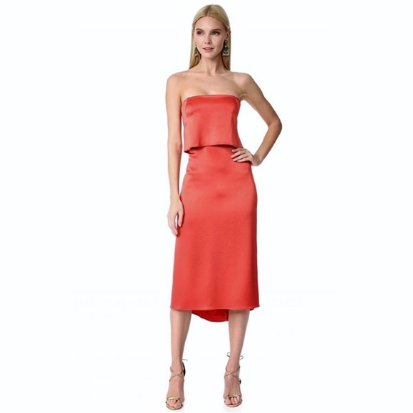 HALSTON HERITAGE STRAPLESS POPOVER SATIN MIDI DRESS - Picture 9 of 9